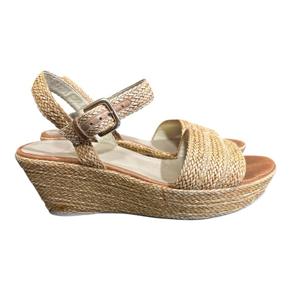 Stuart Weitzman Barbados Tan Woven Wicker Chunky Wedge Sandals - Picture 5 of 7